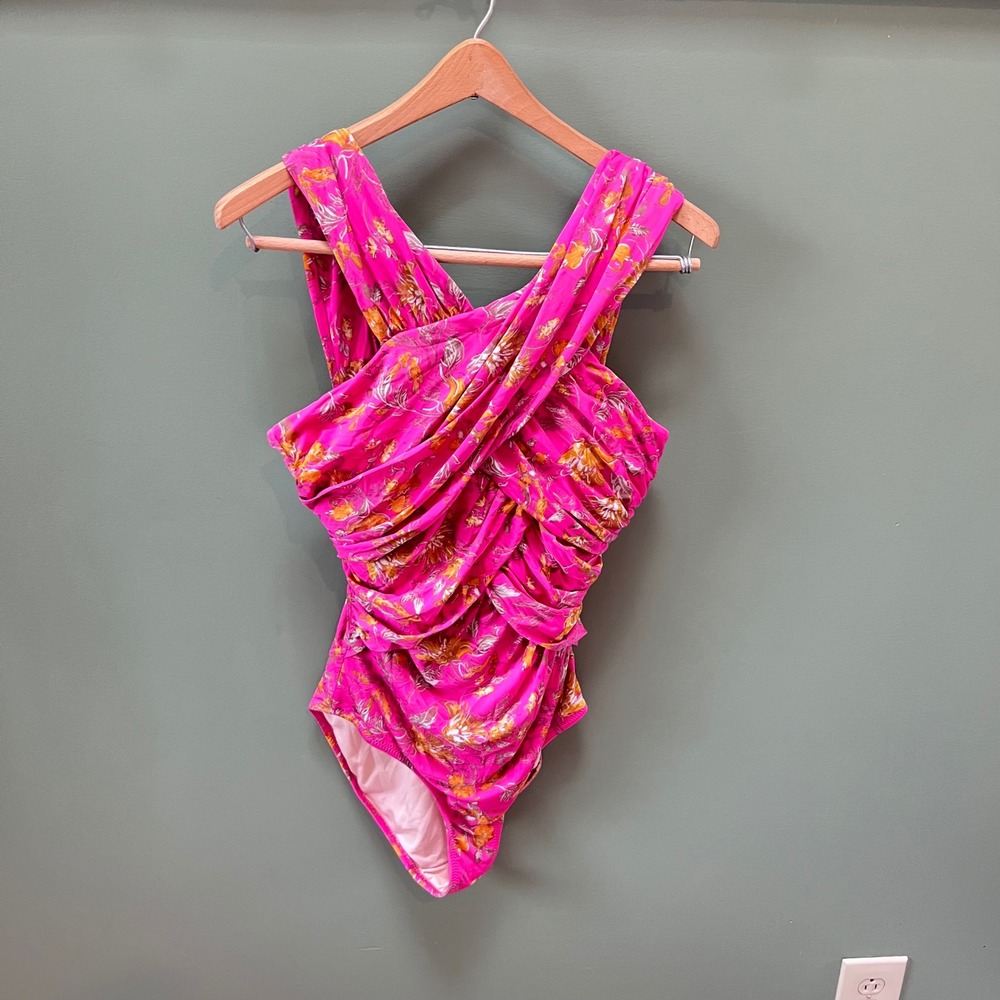 Garnet Hill Pink Floral Ruched Crossover One Piece Swimsuit Size 8